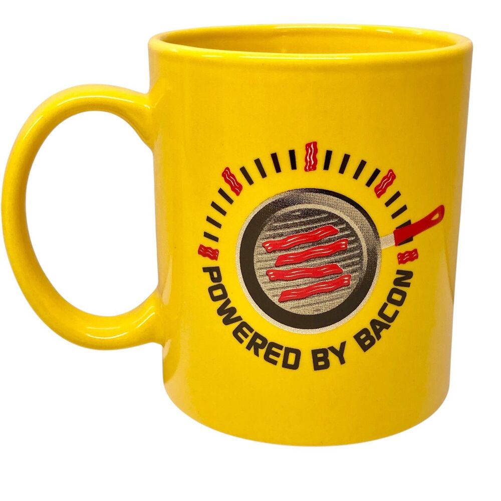 Vintage Powered by Bacon Frying Pan Coffee Mug Cup Yelllow Ceramic Novelty